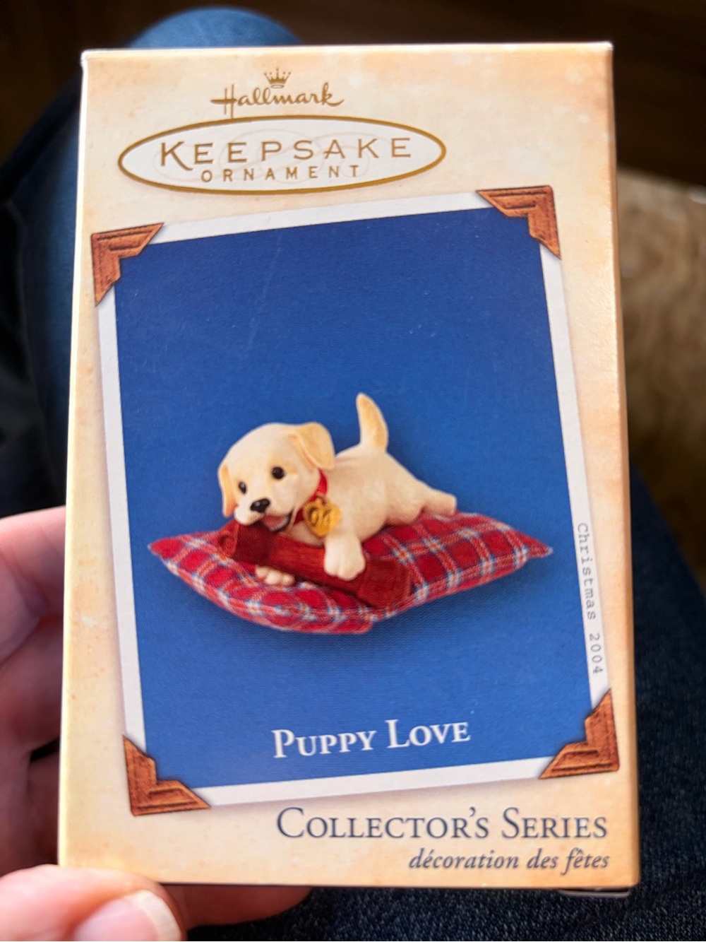 Hallmark Puppy Love Christmas Ornament - Cream Puppy on Red Plaid Pillow